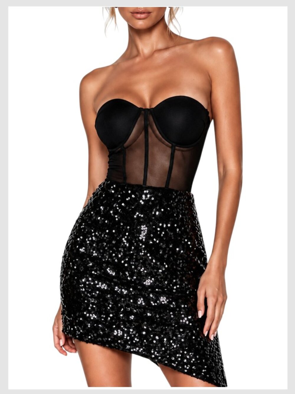 Fashion Nova Sequin Mini Dress Black Strapless Mesh Corset M